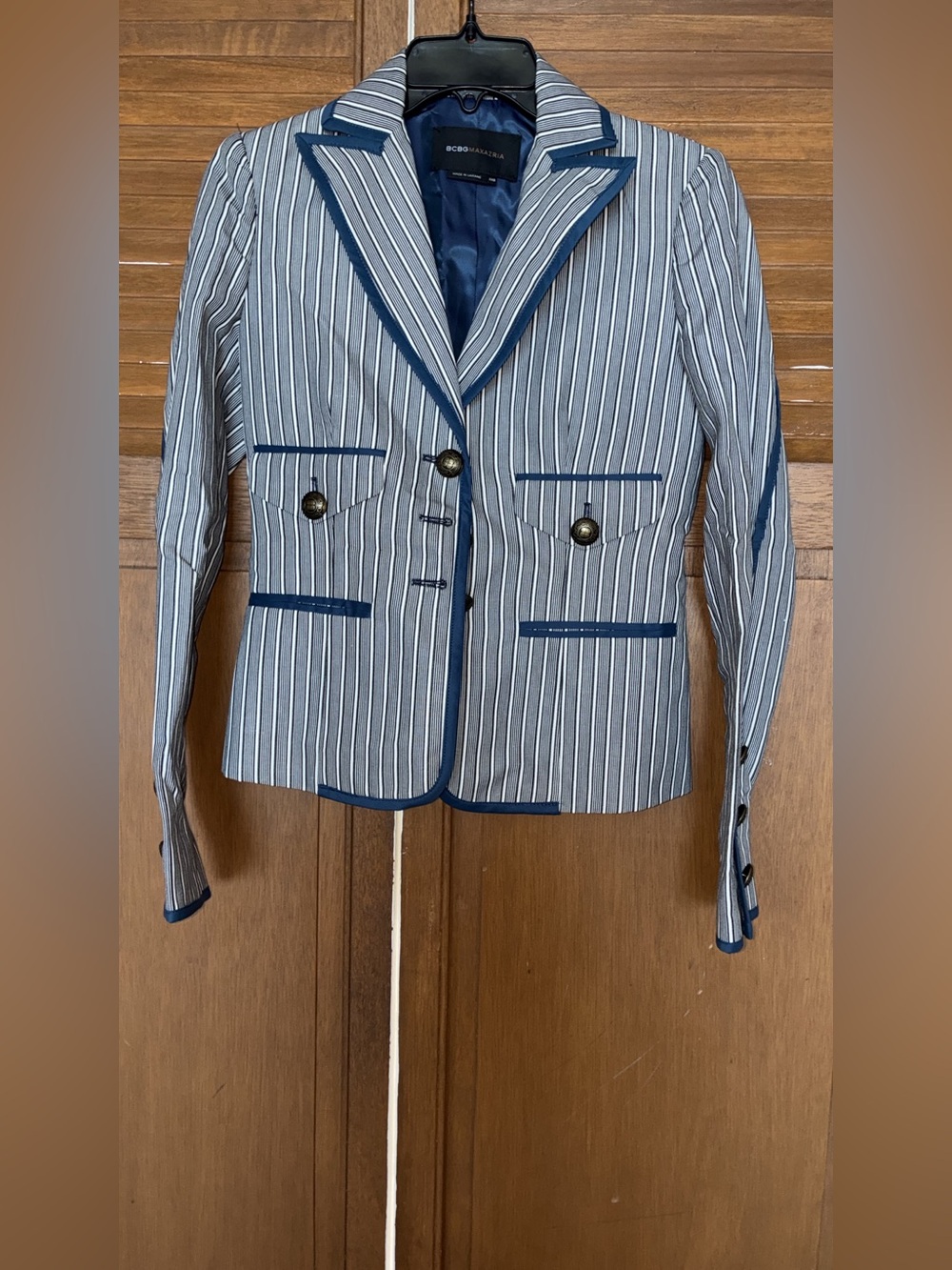BCBGMaxAzria Blue and White Striped Tailored Blazer